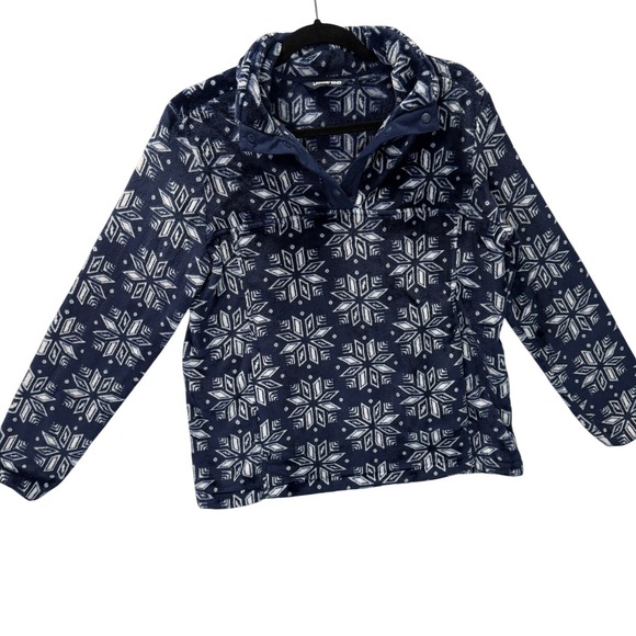 Lands' End Sweaters - Lands' End Fleece Snap Neck Pullover Snowflake Blue Womens Medium 10-12 Cozy